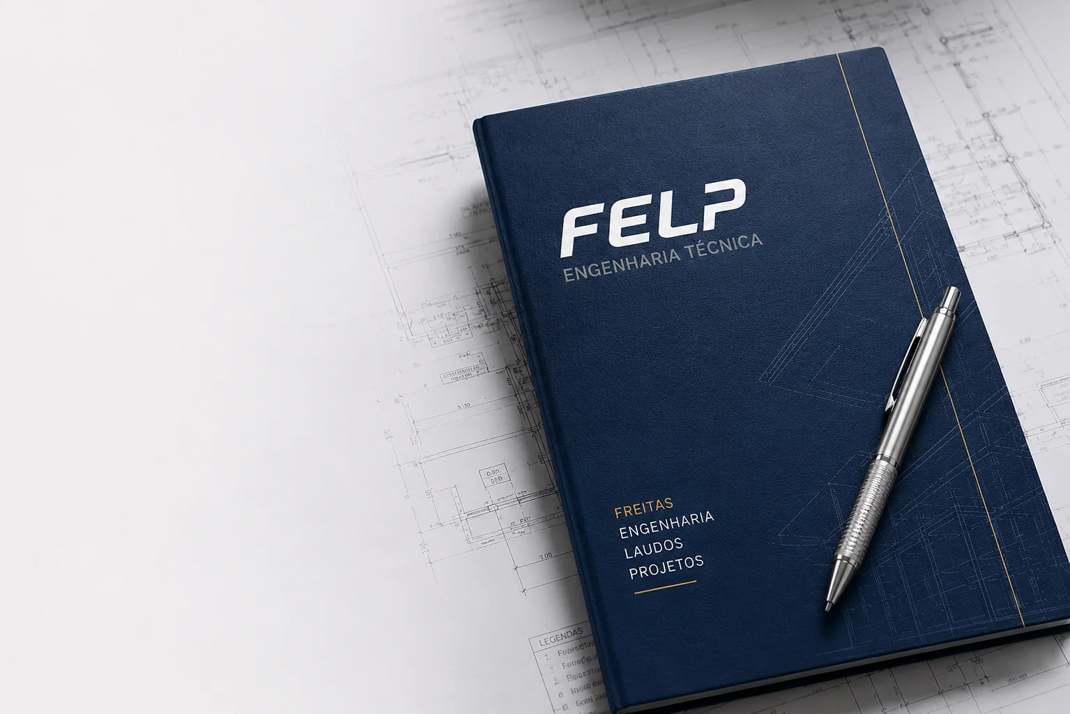 Pasta técnica e relatório de engenharia da FELP sobre mesa com planta de projeto elétrico