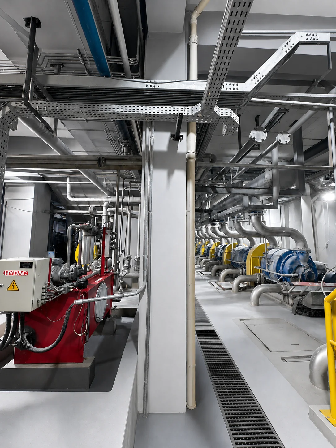 Sala técnica industrial com tubulações e sistemas elétricos em operação.