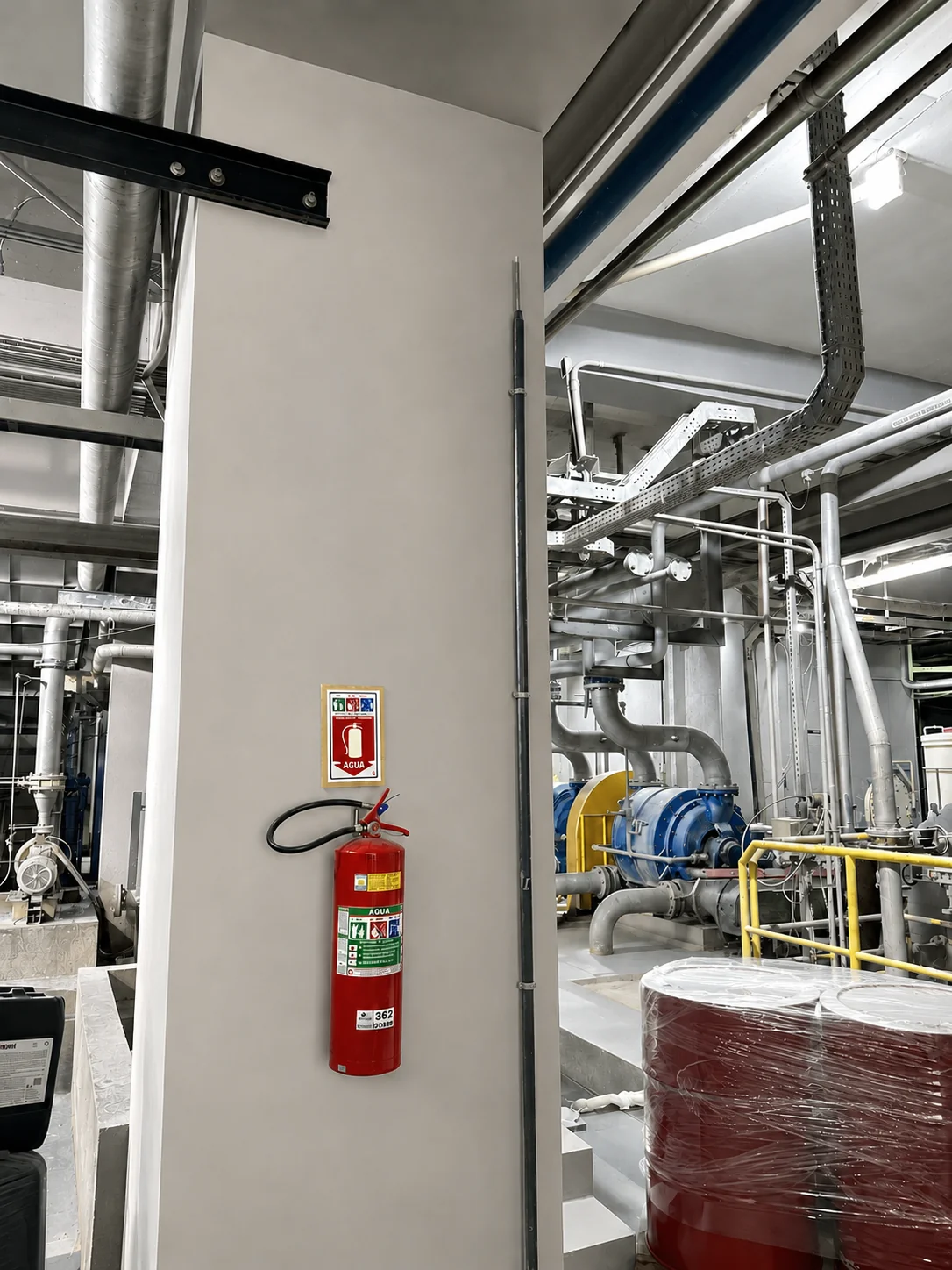 Instalações técnicas com equipamentos de segurança e infraestrutura elétrica.